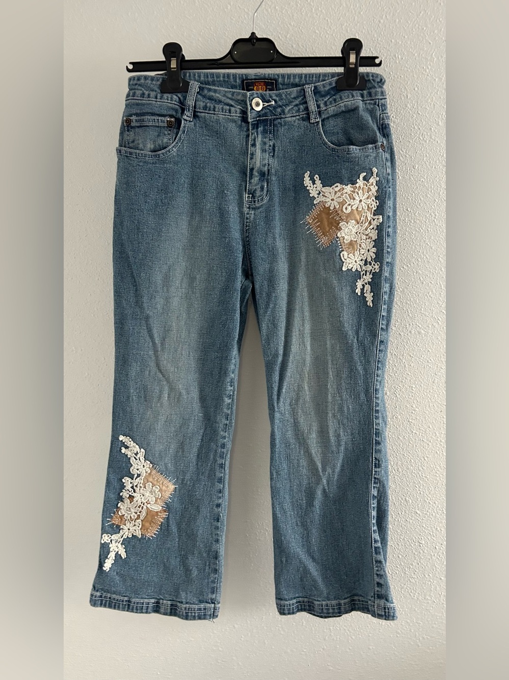 Route 66 Blue Denim Flare Jeans with White Lace & Brown Patch